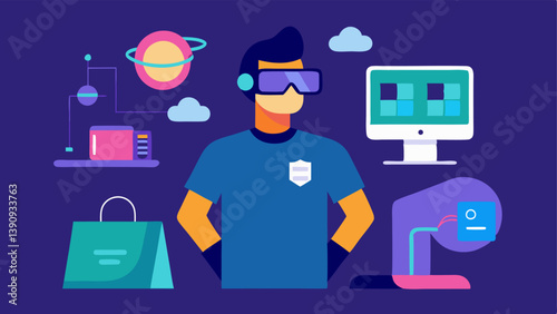 3D Modeling A scene featuring a designer wearing VR goggles immersed in a 3D modeling environment bringing virtual clothing to life with interactive tools.