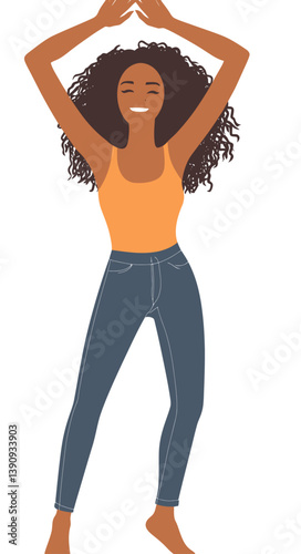 A vibrant woman with curly locks dances energetically while wearing a lively outfit that embodies modern flat design art