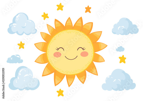 A vibrant sun emerges from behind a puffy cloud in a contemporary flat illustration, exuding warmth and joy in a lively modern art design