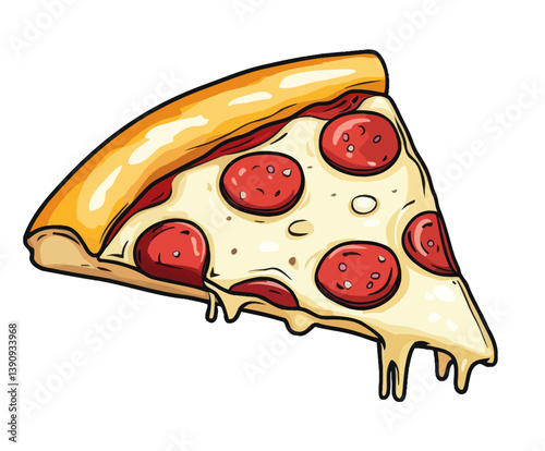Modern illustration of a pizza slice featuring melted cheese and pepperoni in a flat modern art style
