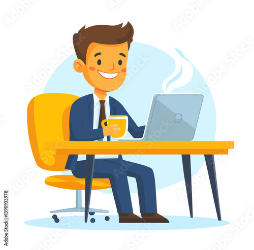 A businessman with a smile on his face enjoys his coffee at his desk with a laptop in a modern flat filled with art