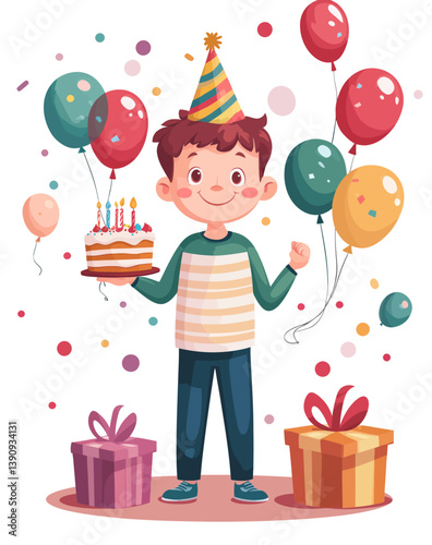 A joyful youngster is commemorating their birthday surrounded by cake, balloons, and gifts in a contemporary flat art setting