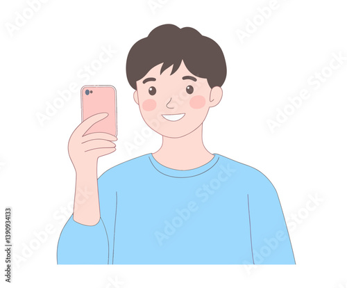A young man with a cheerful demeanor is taking a selfie in a modern art setting featuring minimal flat design