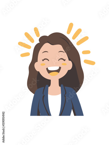 A cheerful woman with long brown hair is depicted smiling in a blue blazer within a modern flat art style, conveying a happy expression