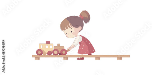 A child is depicted playing with a vibrant toy train on wooden tracks in a modern flat art style