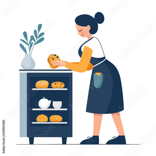 A woman is removing freshly baked cookies from the oven in a flat modern art style