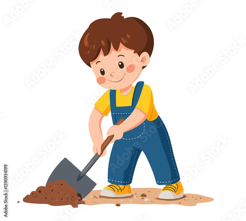A youthful male wearing blue overalls is depicted digging with a shovel in earthy brown soil, exemplifying a carefree and joyful atmosphere in a contemporary flat art style