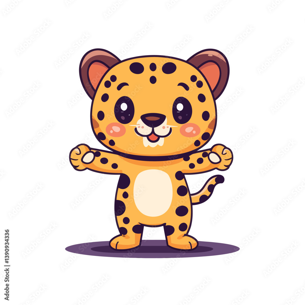 Fototapeta premium A cheerful cartoon leopard character in a modern flat art style is depicted with a happy expression while celebrating friendship and joy in a lively way