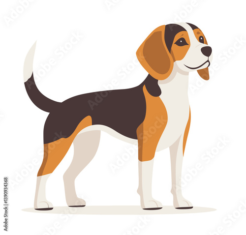 A beagle dog with a shiny coat is depicted standing proudly in a modern art style characterized by minimal and flat design elements