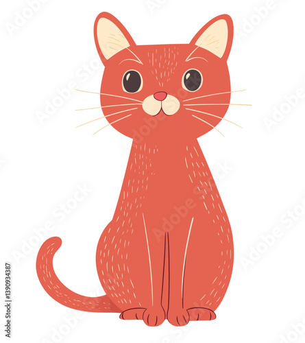 A charming red cat with large eyes and a lively expression is depicted in a modern flat design style that embodies joyful and charming contemporary art