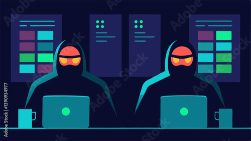 Masked Figures at Computers Two shadowy figures wearing masks sit in a dimly lit room intensely focused on multiple computer screens displaying personal data and code.