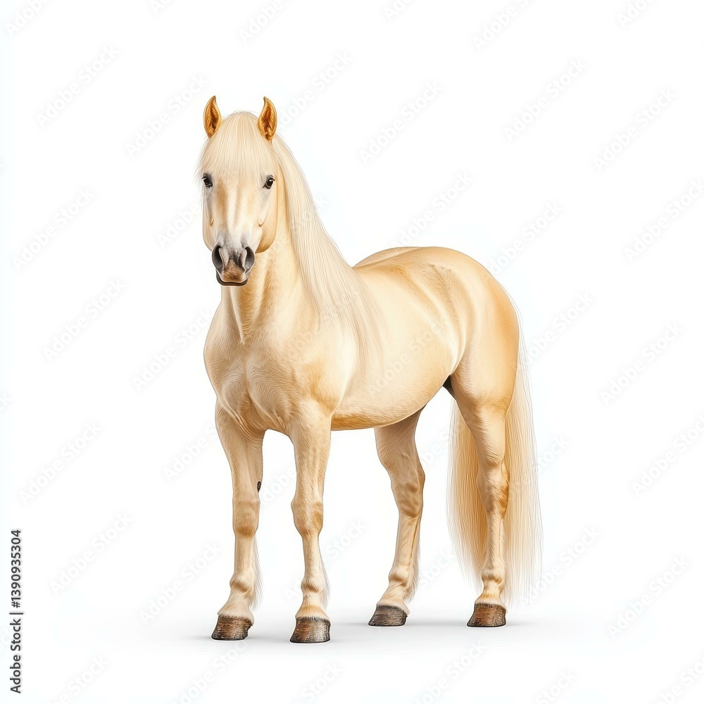 Fototapeta premium A majestic horse standing tall, shining against a pure white backdrop, exuding elegance and strength in isolation.