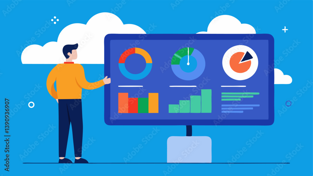 Cloud Management Dashboard An engineer is seen monitoring a large screen displaying a colorful cloud management dashboard with various performance metrics and analytics.