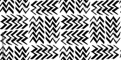 Abstract textured black and white brush striped zigzag seamless pattern. Grunge brushstroke zig zag ornament for chevron textile design, banner, cover, wrapping paper, herringbone surface design