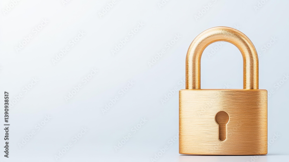 Naklejka premium A shiny golden padlock on a clean white backdrop symbolizes strong cybersecurity and privacy protection.