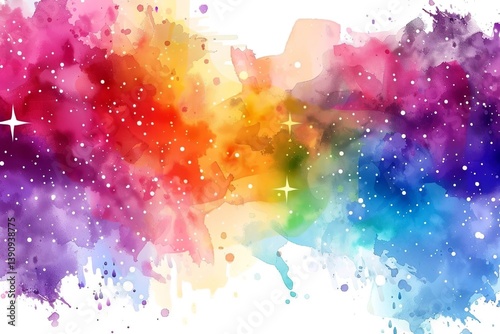 Colorful watercolor background with pastel rainbow color splashes and stars, vector illustration,