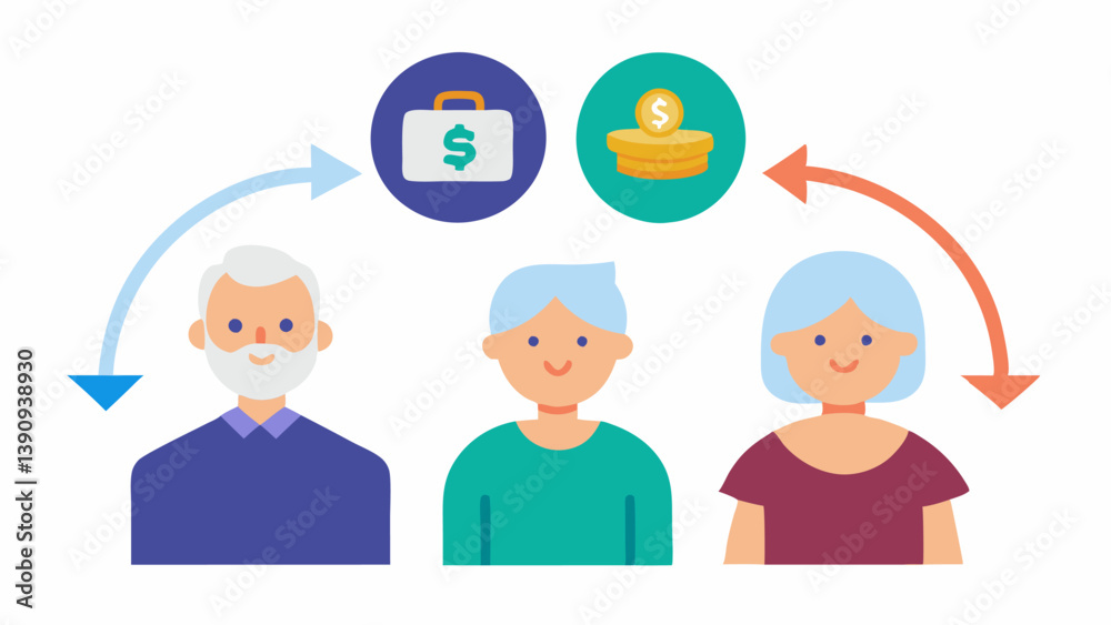 Cash Flow An illustration of money flowing into a pension fund from various sources individual employer government support with arrows pointing to an elderly couple enjoying Cash Flow An illustration of money flowing into a pension fund from various sources individual employer government support with arrows pointing to an elderly couple enjoying