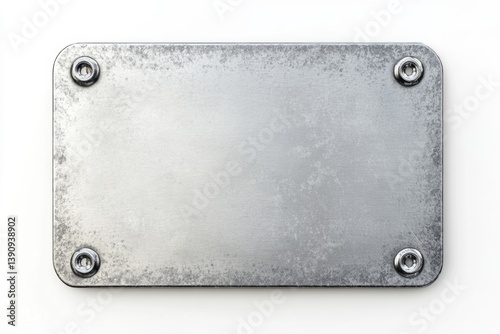 Rectangular, weathered metal plate with mounting hardware