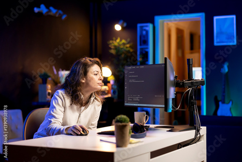 Developer typing code on computer to futureproof company network from downtimes and unexpected system failures. Woman deploying programming script increasing data security on desktop PC photo