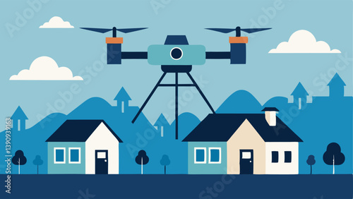 Drone with Camera A drone hovering above a neighborhood equipped with a camera showcasing the reality of surveillance technology monitoring individuals in everyday life.