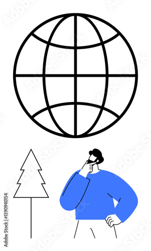 Person in blue pondering in front of a globe, small tree nearby. Ideal for sustainability, global thinking, ecology, decision-making, environmental awareness, geography, flat simple metaphor