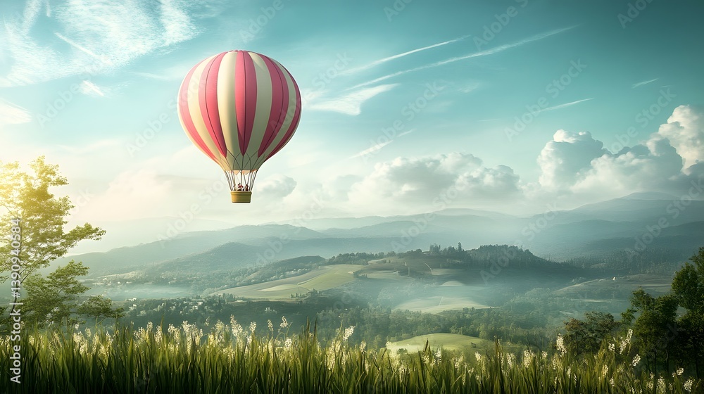 Obraz premium Hot air balloon floats over a landscape with trees and a blue sky.