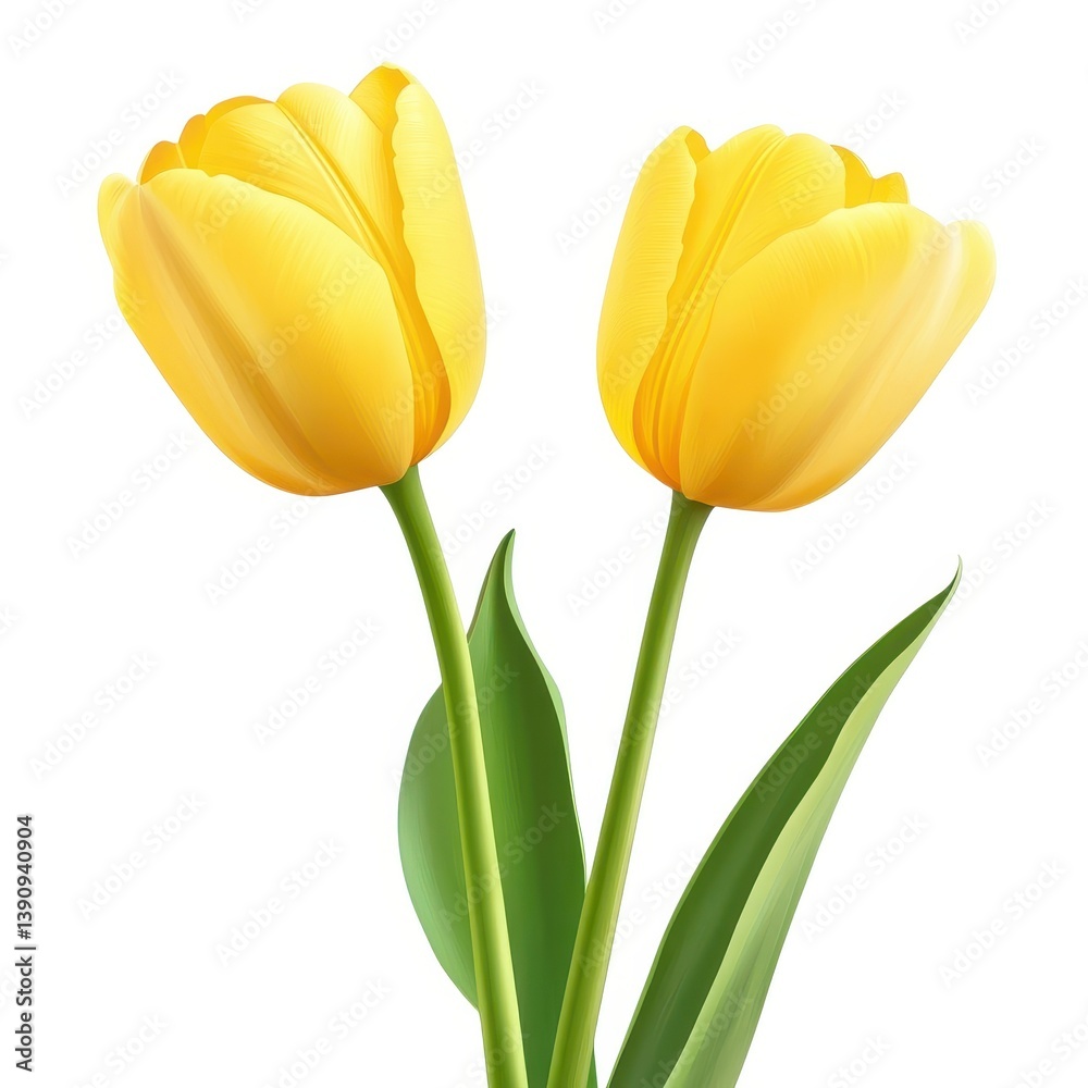 Obraz premium Yellow tulip flowers on white background, vibrant spring floral illustration, pair of blooming yellow tulips with green leaves and stems