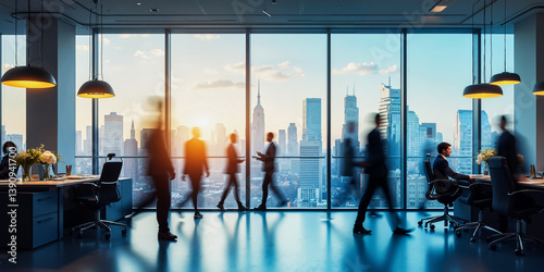 City office men rush fast. Work going way night hours Urban life tied speed. Large space desk Late day expo group table, dark view image. Suit team walk hall, hurry fair up room, light tone blur crowd