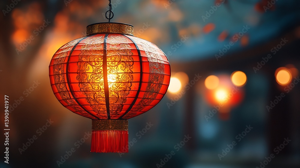 Fototapeta premium Traditional Chinese lantern with red and gold colors hanging in celebration of the Lunar New Year featuring glowing light and intricate designs