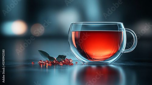 A transparent glass tea cup with a smooth curved handle and rounded body, symbolizing clarity, simplicity, and modern elegance in a sophisticated business setting.

