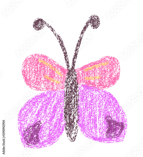 Cute childlike butterfly drawing with crayon brush texture effect