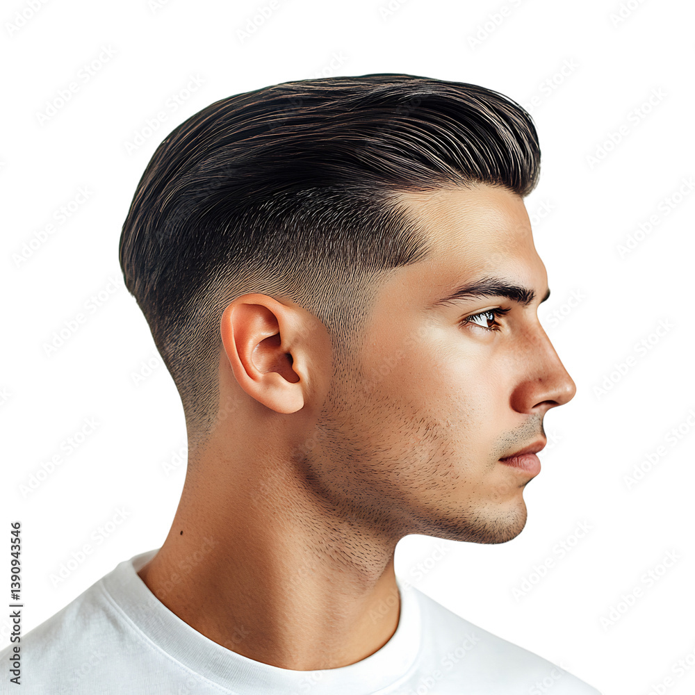 Obraz premium A Man with Comb Over Hairstyle and Low Fade Isolated on Transparent Background