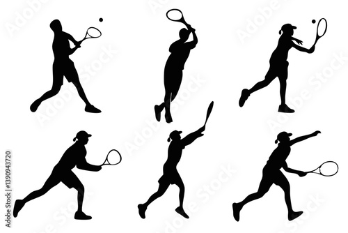 Tennis Action Silhouettes: Dynamic black silhouette of tennis player, showcasing the essence of athleticism and the thrill of the game.