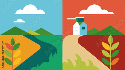 Environmental Consequences A landscape showing a thriving ecosystem on one side and a barren field with pesticide spraying on the other illustrating potential environmental effects