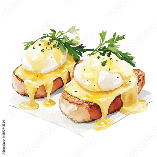A watercolor painting of Eggs Benedict, isolated on a white background. Eggs Benedict vector

