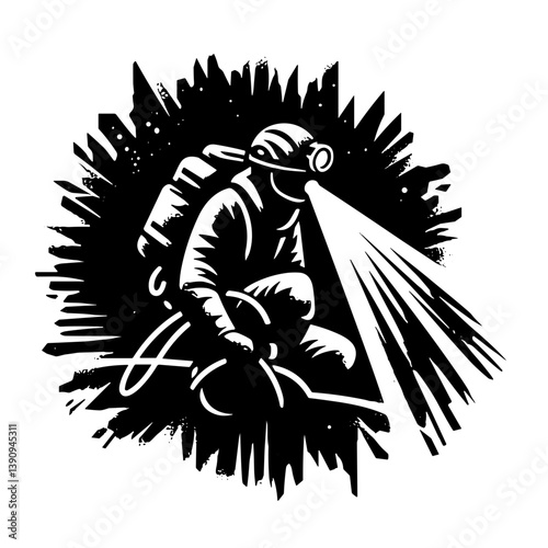 rescuer with Headlamp Emitting Light Against Dark Background  