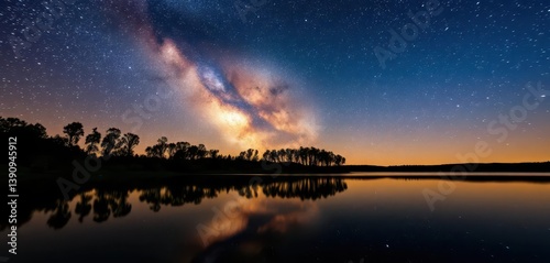Starry night sky mirrored in tranquil lake, trees silhouetted against celestial canvas, astronomical, mysterious, clear night