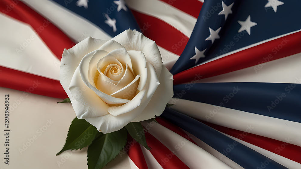 Fototapeta premium Patriotic Tribute Background with Rose and Folded Flag