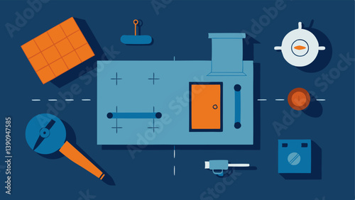 Plan and Blueprint An overhead view of a table with blueprints of a room and a safe alongside sketches of burglary tools and a flashlight.