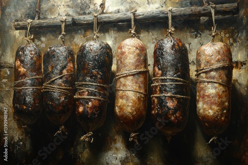 Cured Sausages in Baroque Style with Dramatic Chiaroscuro Lighting