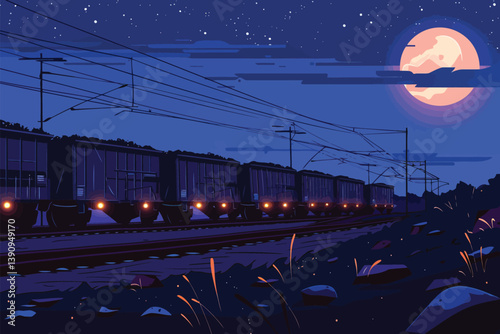 Night Scene of Illuminated Cargo Train on Tracks delivering isolated