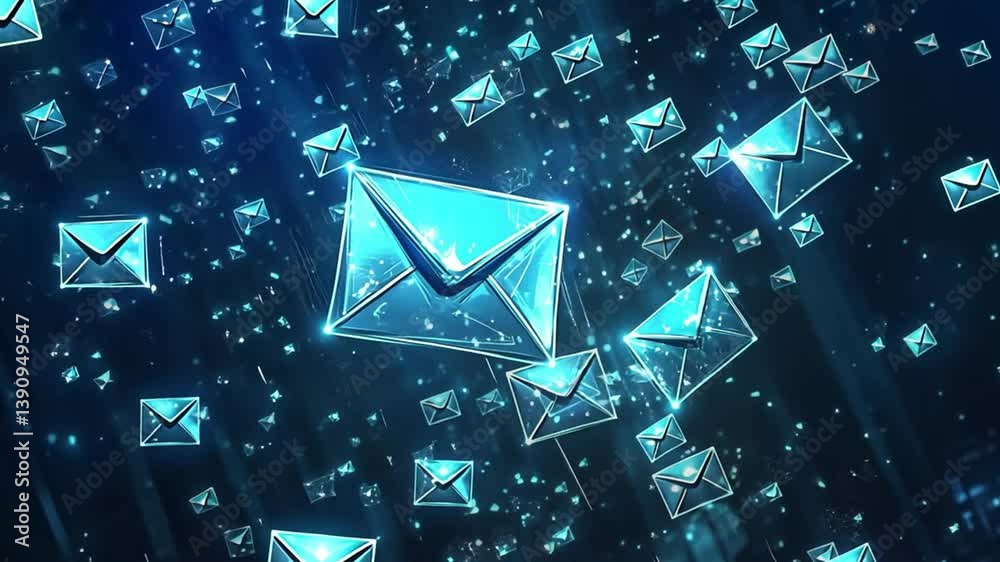 Floating blue envelopes in a digital space, representing communication and technology advancement