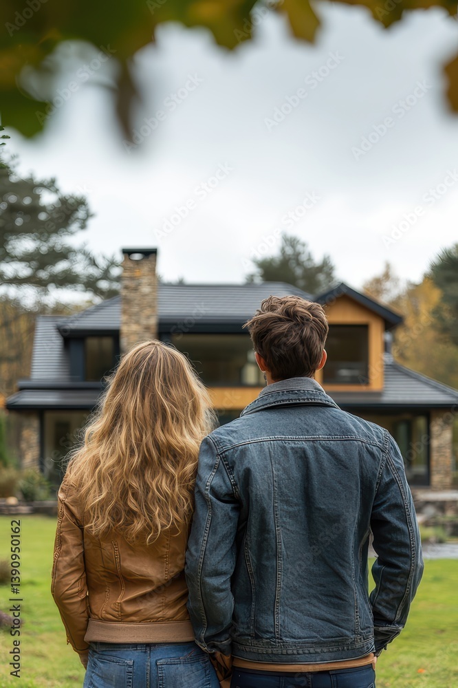 Naklejka premium A man and woman stand in front of a house, looking at it