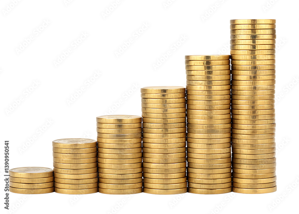 Cinco pilhas de moedas douradas sob fundo branco com reflexo. Arte ilustração para representar economia, reservas, finanças e orçamento. Bancos, instituições financeiras. Poupança e investimento. Cinco pilhas de moedas douradas sob fundo branco com reflexo. Arte ilustração para representar economia, reservas, finanças e orçamento. Bancos, instituições financeiras. Poupança e investimento.