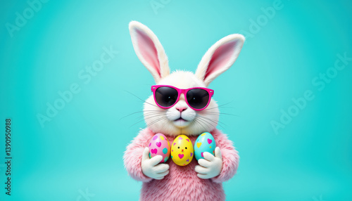 Encantador y esponjoso conejito blanco y rosa con gafas de sol sosteniendo huevos de Pascua de colores sobre fondo turquesa. Divertido, alegre, celebración, ambiente primaveral alegre y festivo.