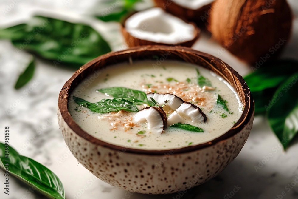 A bowl of creamy coconut soup is garnished with fresh basil leaves and toasted coconut flakes, presenting a vibrant dish that highlights tropical flavors A bowl of creamy coconut soup is garnished with fresh basil leaves and toasted coconut flakes, presenting a vibrant dish that highlights tropical flavors