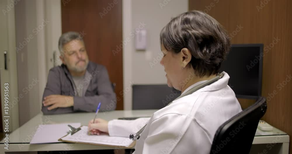 Doctor addressing middle-aged man patient during one-on-one consultation in medical office with clipboard and documents on glass desk Doctor addressing middle-aged man patient during one-on-one consultation in medical office with clipboard and documents on glass desk