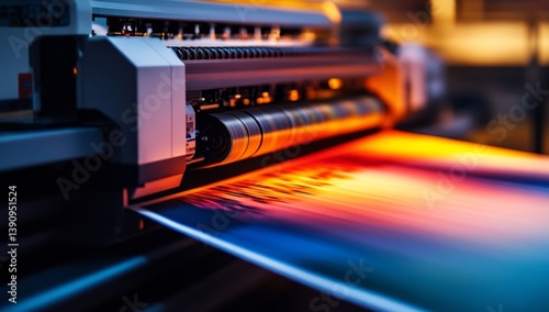 Large format printing machine in action.  Vibrant colors emerge from the printing process.  High-resolution image output