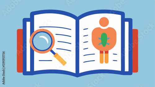 Pathology Book An open medical textbook displaying illustrations of human anatomy with a magnifying glass highlighting specific areas.