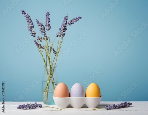 Decorative Easter eggs and spring blossoms arranged on a pastel background for seasonal themes